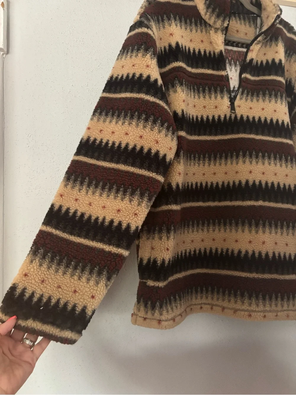 Stoic Southwestern Aztec Sherpa Fleece 1/4 Zip Pullover Cream Brown Size M